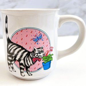Vintage Black & White Tuxedo Cat and Butterfly Coffee Mug, 1980's Cottagecore